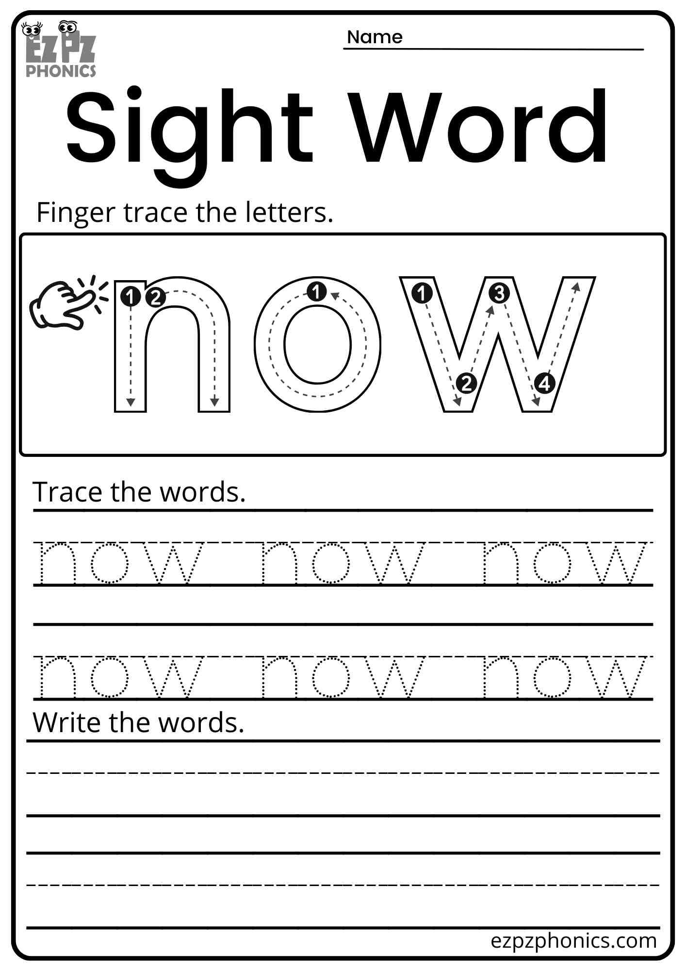 "Now" Dolch Kindergarten Sight Word Worksheet Trace and Write the Words Activity PDF Download